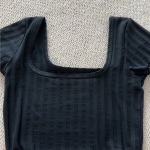 Aerie Black Ribbed Bodysuit with Square Neck